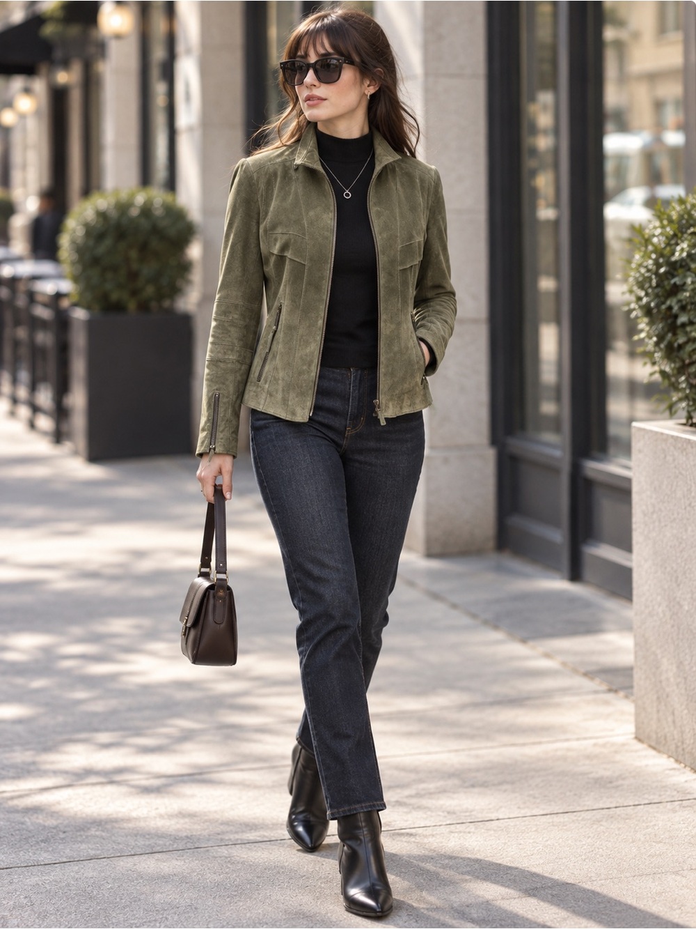 Alfani Petite Olive Green Genuine Suede Leather Zip Jacket Size P